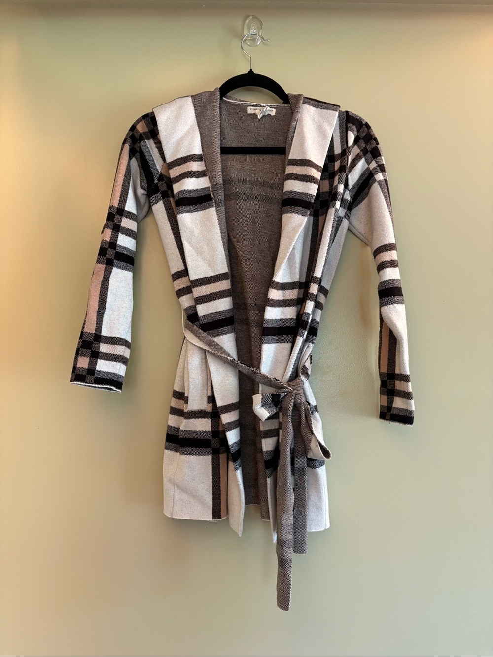Christian Siriano Plaid Hooded Belted Cardigan - Gray, Cream, Pink